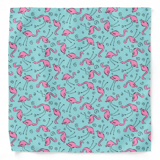 Retro Tropical Pink Flamingos Pattern on Blue Bandana (Front)