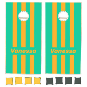 Retro Tropical Punch Pin Striped with Name Cornhole Set