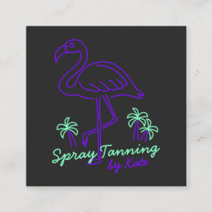 Retro tropical purple flamingo palm trees lineart square business card