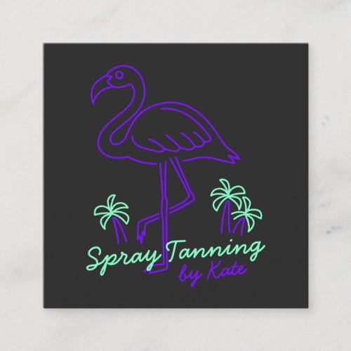 Retro tropical purple flamingo palm trees lineart square business card