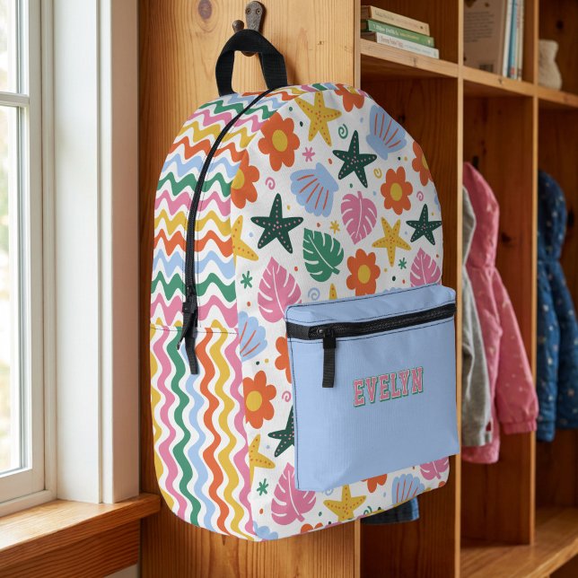 Retro Tropical Starfish & Shells Groovy Beach Printed Backpack (Personalized Backpack with Bright and Colorful Beach themed pattern)