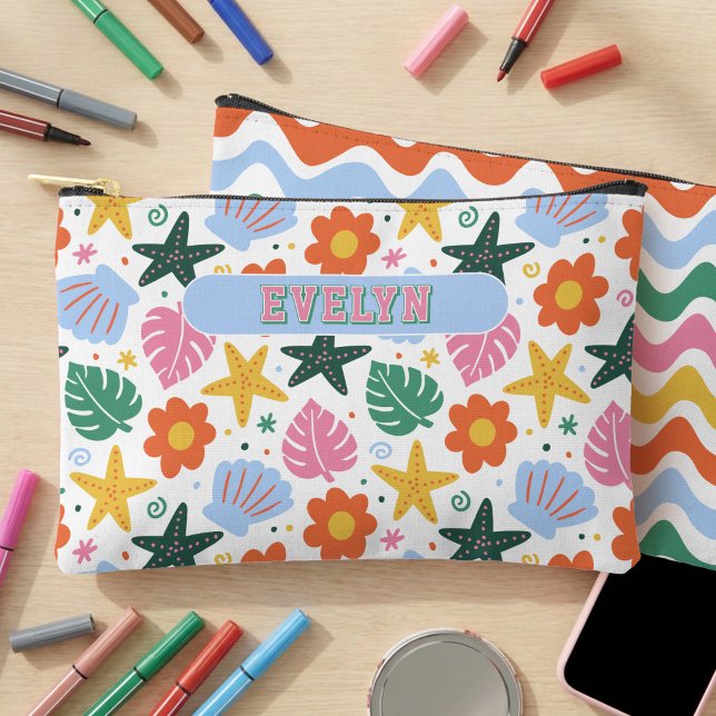 Retro Tropical Starfish & Shells Personalized Accessory Pouch (Personalized Pouch with Bright and Colorful Beach themed pattern)