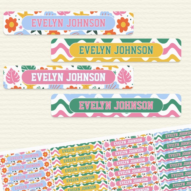 Retro Tropical Starfish & Shells Waterproof Name Labels (Waterproof kids name labels with Bright and Colorful Beach themed pattern)