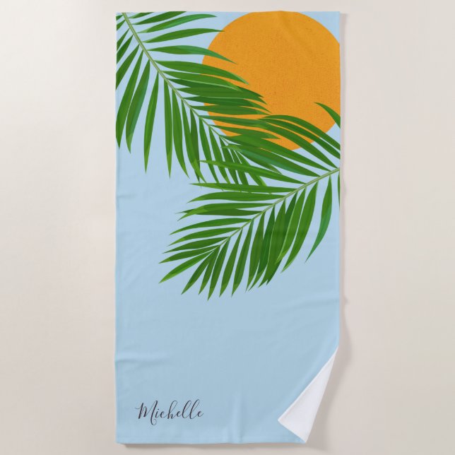 Retro Tropical Sun Palm Leaves Blue Minimal Name Beach Towel (Front)