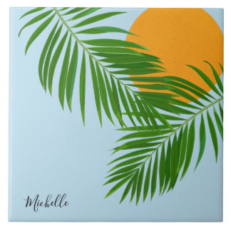 Retro Tropical Sun Palm Leaves Blue Minimal Name Ceramic Tile