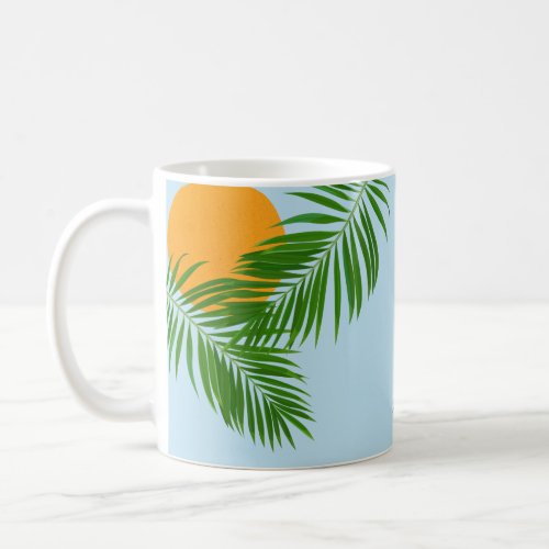 Retro Tropical Sun Palm Leaves Blue Minimal Name Coffee Mug