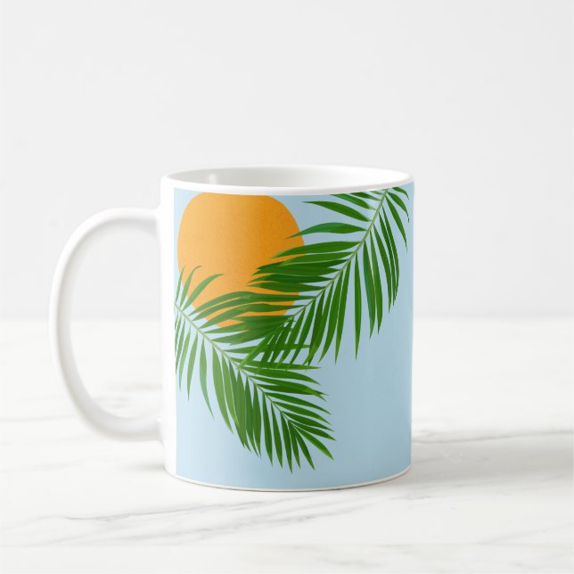 Retro Tropical Sun Palm Leaves Blue Minimal Name Coffee Mug (Left)