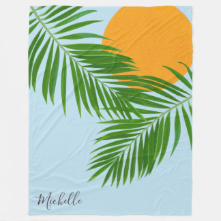 Retro Tropical Sun Palm Leaves Blue Minimal Name Fleece Blanket