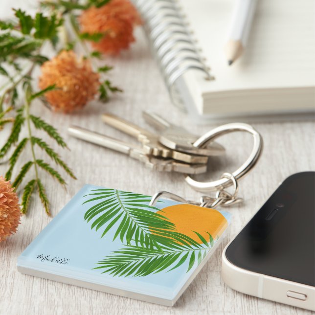 Retro Tropical Sun Palm Leaves Blue Minimal Name Keychain (Front Right)