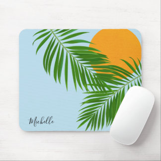 Retro Tropical Sun Palm Leaves Blue Minimal Name Mouse Pad