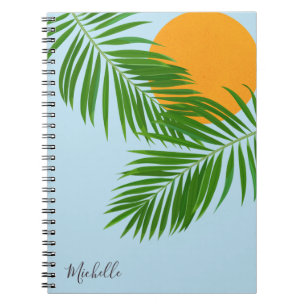 Retro Tropical Sun Palm Leaves Blue Minimal Name Notebook