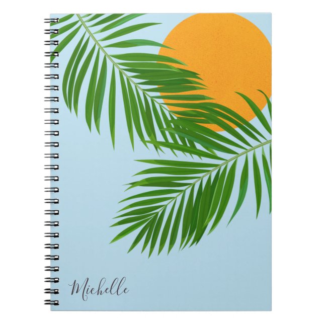 Retro Tropical Sun Palm Leaves Blue Minimal Name Notebook (Front)