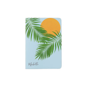 Retro Tropical Sun Palm Leaves Blue Minimal Name Passport Holder