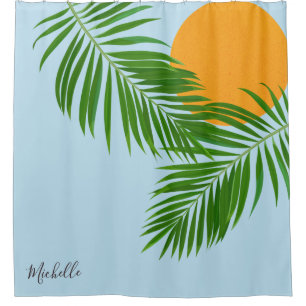 Retro Tropical Sun Palm Leaves Blue Minimal Name Shower Curtain
