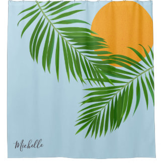 Retro Tropical Sun Palm Leaves Blue Minimal Name Shower Curtain