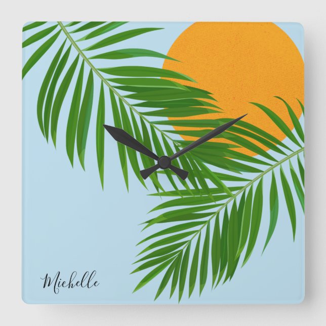 Retro Tropical Sun Palm Leaves Blue Minimal Name Square Wall Clock (Front)