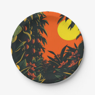 Retro Tropical Sunset Garden Botanical Art Paper Plates