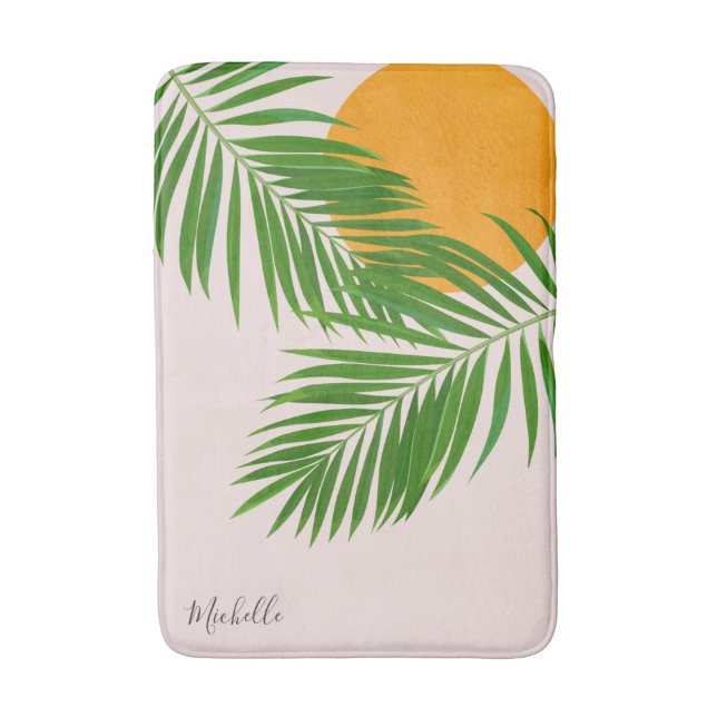 Retro Tropical Sunset Palm Leaves Minimalist Name Bath Mat (Front Vertical)