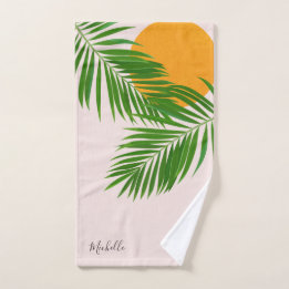Retro Tropical Sunset Palm Leaves Minimalist Name Bath Towel Set
