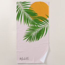 Retro Tropical Sunset Palm Leaves Minimalist Name Beach Towel