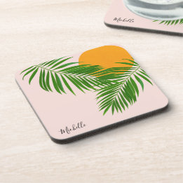 Retro Tropical Sunset Palm Leaves Minimalist Name Beverage Coaster