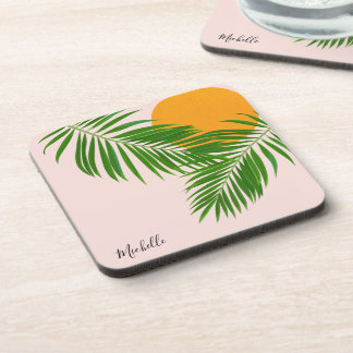 Retro Tropical Sunset Palm Leaves Minimalist Name Beverage Coaster