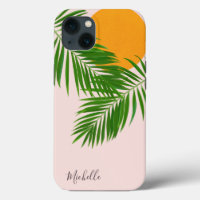Retro Tropical Sunset Palm Leaves Minimalist Name