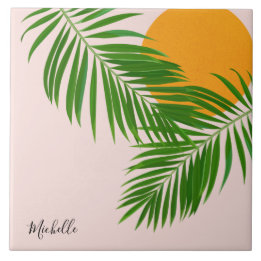 Retro Tropical Sunset Palm Leaves Minimalist Name Ceramic Tile