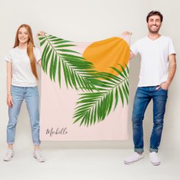Retro Tropical Sunset Palm Leaves Minimalist Name Fleece Blanket