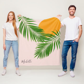 Retro Tropical Sunset Palm Leaves Minimalist Name Fleece Blanket