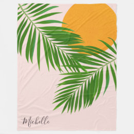 Retro Tropical Sunset Palm Leaves Minimalist Name Fleece Blanket