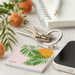 Retro Tropical Sunset Palm Leaves Minimalist Name Keychain