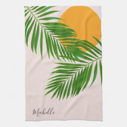 Retro Tropical Sunset Palm Leaves Minimalist Name Kitchen Towel