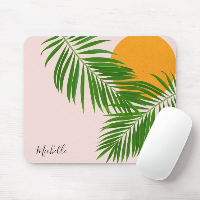 Retro Tropical Sunset Palm Leaves Minimalist Name Mouse Pad (With Mouse)