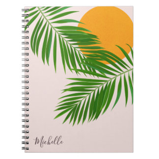 Retro Tropical Sunset Palm Leaves Minimalist Name Notebook
