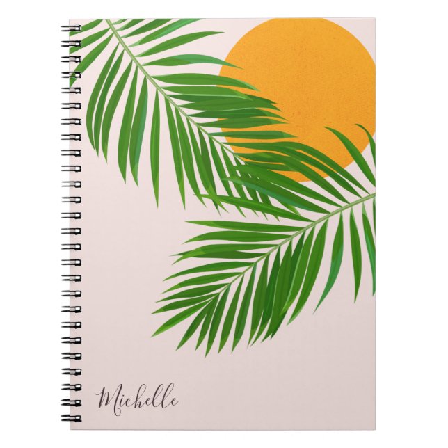 Retro Tropical Sunset Palm Leaves Minimalist Name Notebook (Front)