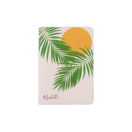 Retro Tropical Sunset Palm Leaves Minimalist Name Passport Holder