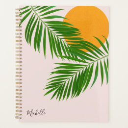 Retro Tropical Sunset Palm Leaves Minimalist Name Planner