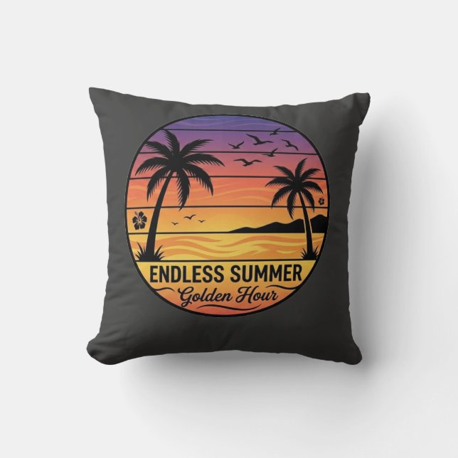Retro Tropical Sunset Palm Trees Beach Throw Pillo Pillow (Front)
