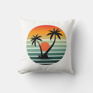 Retro Tropical Sunset with Palm Trees Throw Pillow