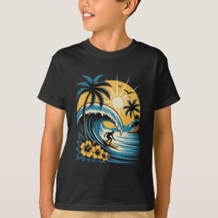 Retro Tropical Surfer Vintage Sunset Wave Hibiscus T-Shirt