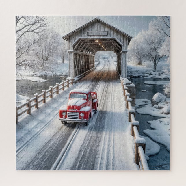 Retro Truck and Winter Covered Bridge Jigsaw Puzzle (Vertical)