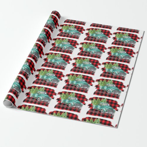 Retro Truck Buffalo Plaid Christmas Holiday Gift Wrapping Paper