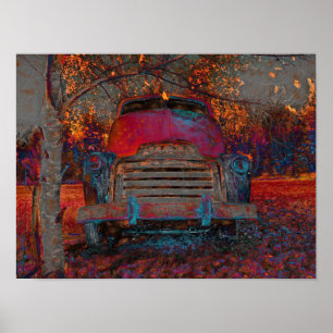 Retro Truck Vintage Red Orange Rustic Fall Poster