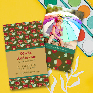 Retro Tulip Blooms And Dots Pattern Photo Mommy Calling Card