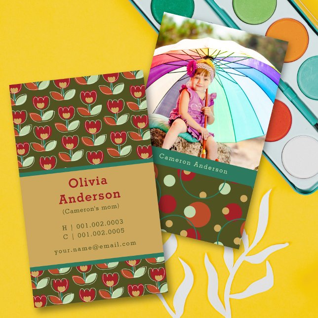 Retro Tulip Blooms And Dots Pattern Photo Mommy Calling Card (Creator Uploaded)
