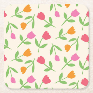 Retro Tulip Flowers pattern in orange pink and red Square Paper Coaster