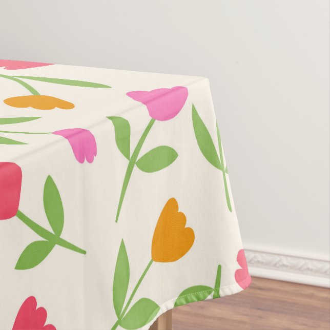 Retro Tulip Flowers pattern in orange pink and red Tablecloth (In Situ)