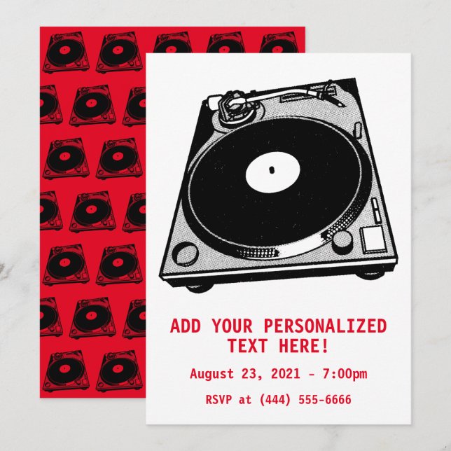 Retro Turntable Graphic in Black Invitation (Front/Back)