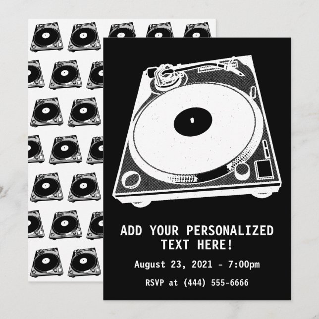 Retro Turntable Graphic in White Invitation (Front/Back)
